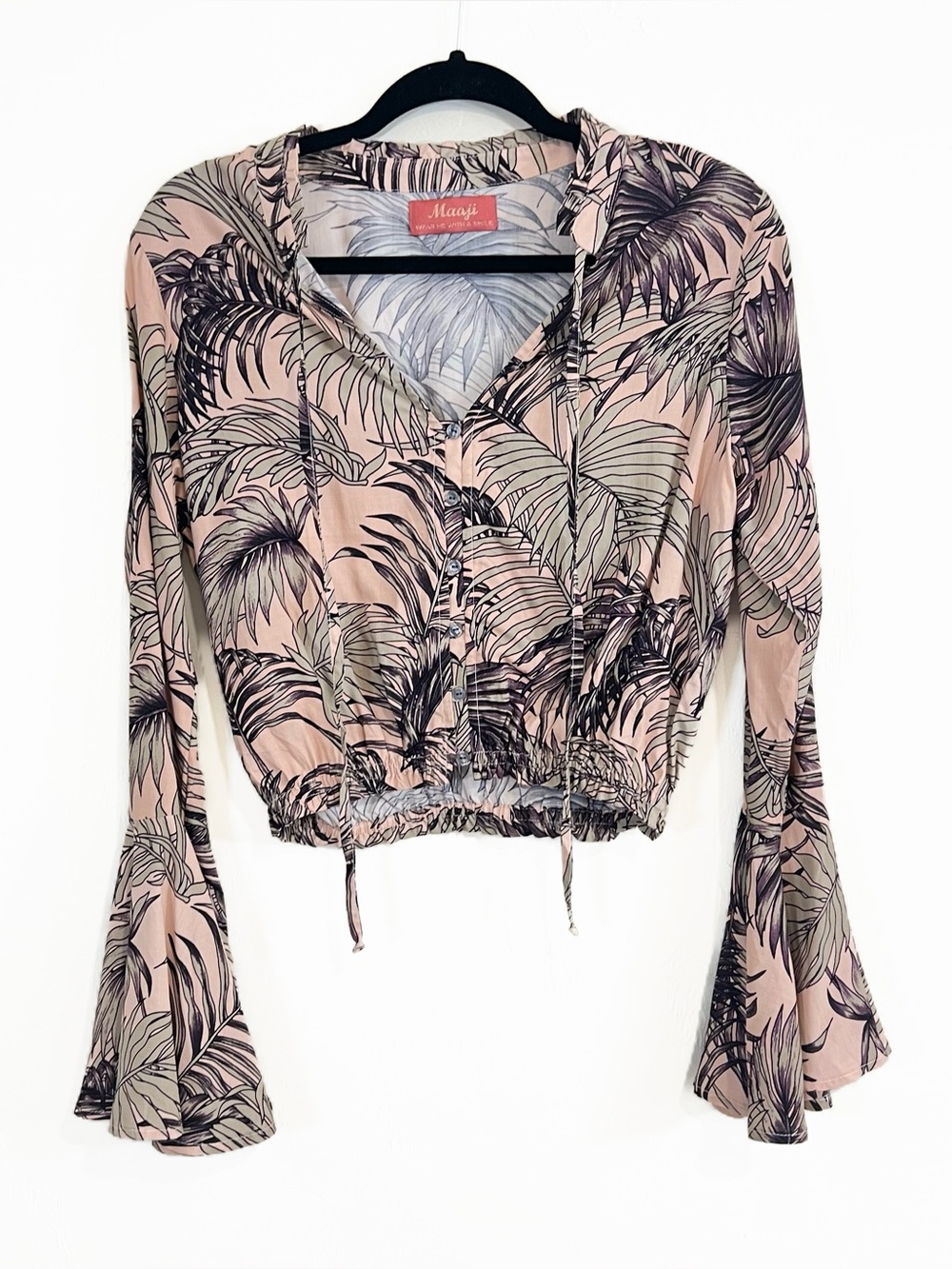 Maaji Palm Print Bell Sleeve Blouse Pink Mauve Size Medium Beach Vacation Travel